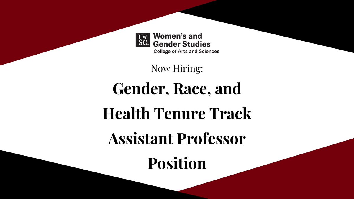 USC Women's and Gender Studies (@uofscwgst) on Twitter photo The <a href="/UofSC/">University of South Carolina</a> Womenâs and Gender Studies Program is hiring a full-time, tenure track Assistant Professor with a focus on Gender, Race, and Health. Field of study is open.
Learn more in the Join Our Faculty section: sc.edu/study/collegesâŠ
Apply: uscjobs.sc.edu/postings/107045 The <a href="/UofSC/">University of South Carolina</a> Womenâs and Gender Studies Program is hiring a full-time, tenure track Assistant Professor with a focus on Gender, Race, and Health. Field of study is open.
Learn more in the Join Our Faculty section: sc.edu/study/collegesâŠ
Apply: uscjobs.sc.edu/postings/107045