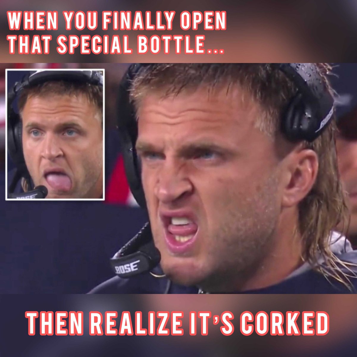 Drooling🤤over that special bottle only to find out it’s corked😫

Sorry #SteveBelichick, we can’t replace Brady for you. But thanks to our quality guarantee we can replace your corked wine😉
#PatsVsBucs #winememe #winehumor #patriots