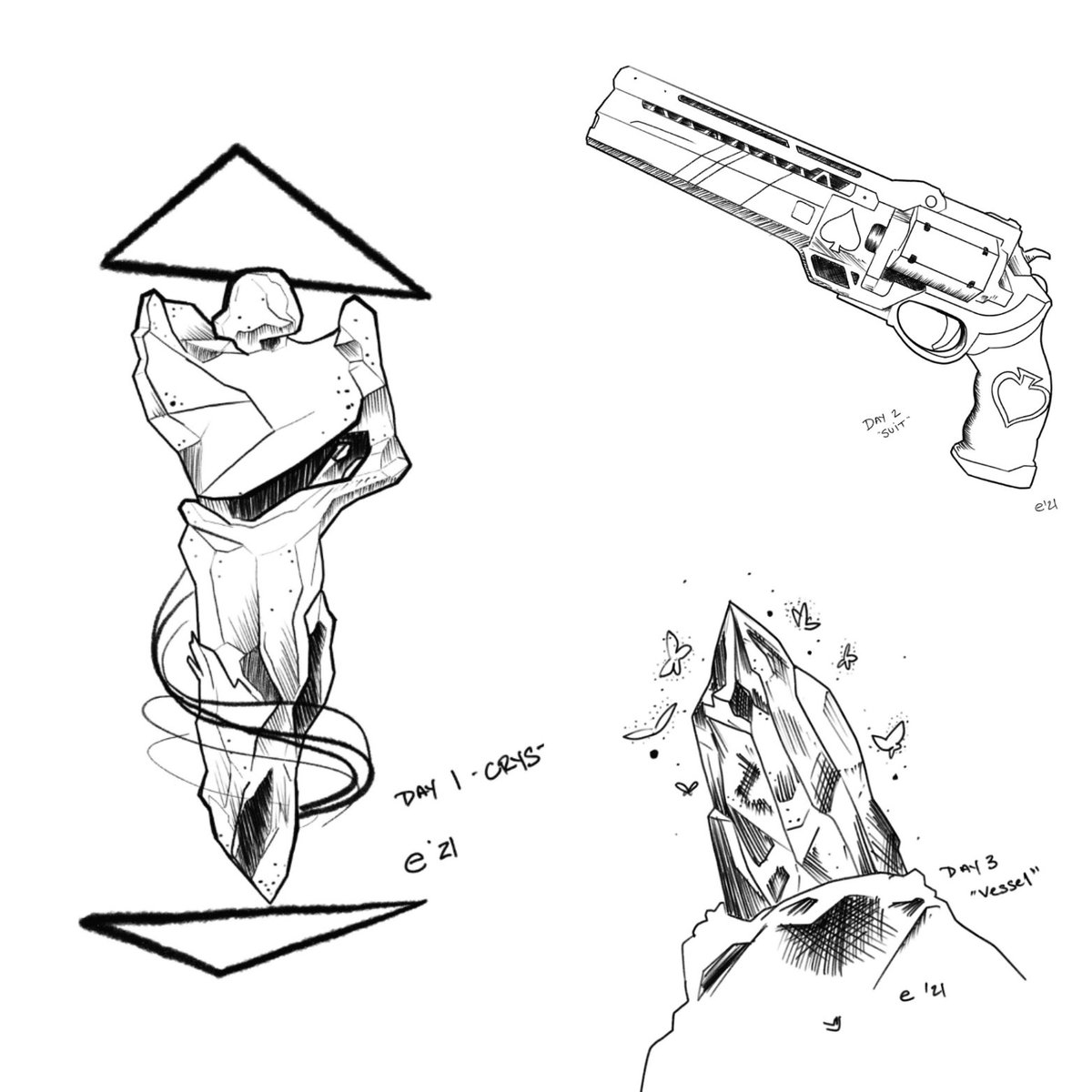 ericinks's tweet image. First three days of #inktober2021, doing it all based on @DestinyTheGame 

1. Crystal - Savathun's crystal prison
2. Suit - Ace of Spades
3. Vesel - Hive void crystal

#Destiny2 #DestinyArt #destiny2art