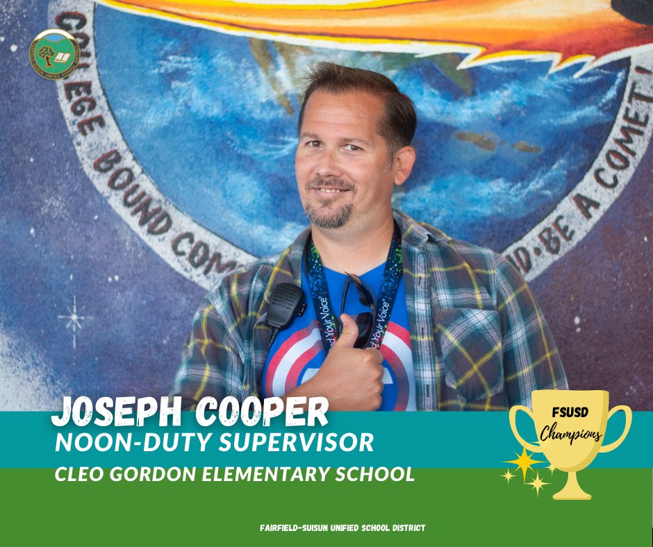 Joseph Cooper is a positive light at <a href="/CleoComets/">Cleo Gordon Comets</a> going above and beyond for students and staff. Always encouraging and ready to jump in with extra hands when needed. He is a great role model for our kids and families. Thank you Joseph for being a #FSUSDchampion!