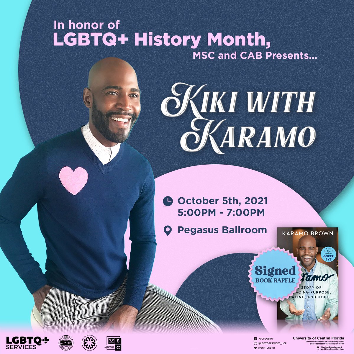 Come out to see Queer Eye’s culture expert, Karamo Brown as MSC and CAB host this event to honor 🏳️‍🌈LGBTQ History Month! Attendees will be entered to win 1 out of 10 signed copies of “Karamo: My Story of Embracing Purpose, Healing, and Hope.”