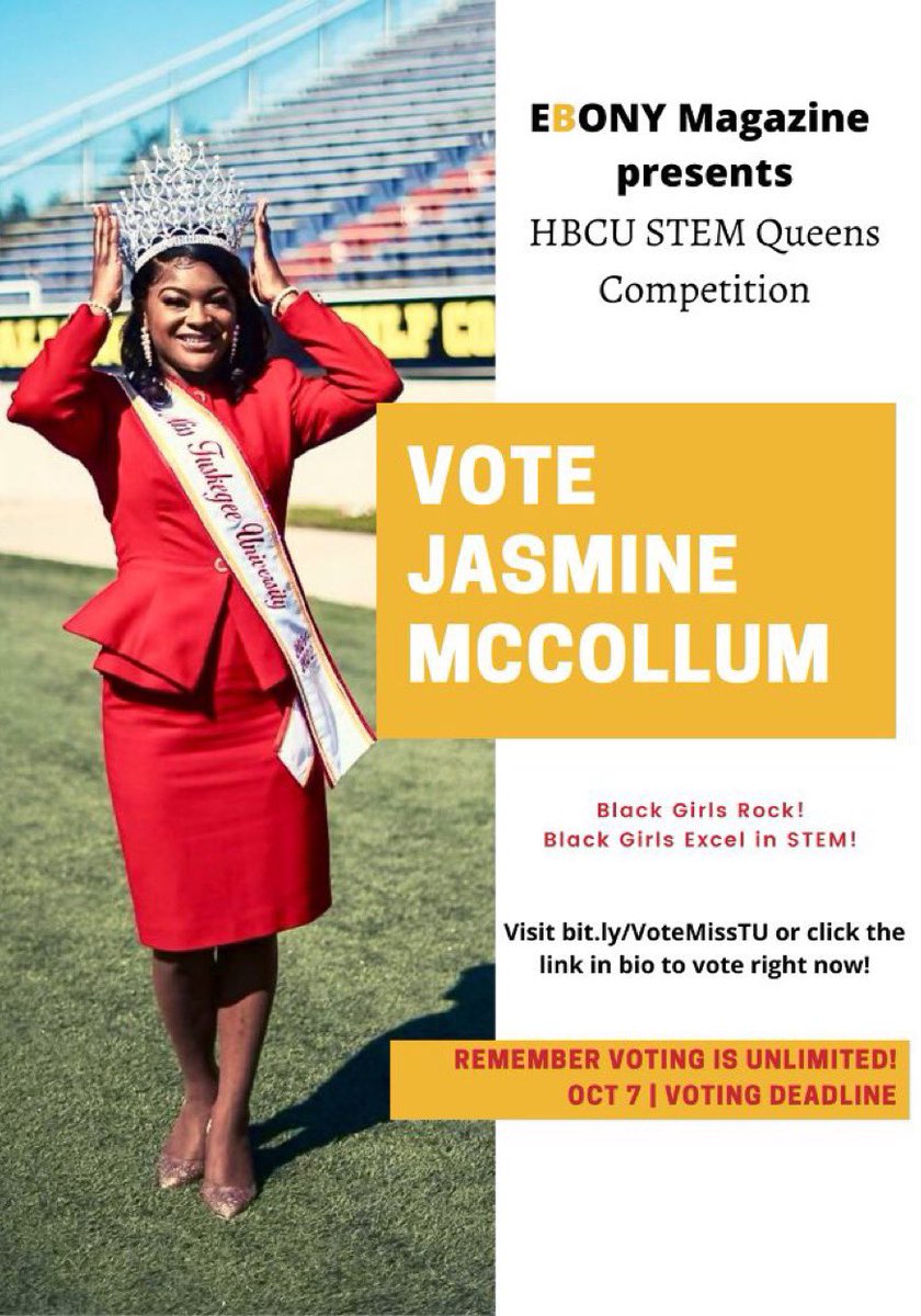 Oh, to be a black woman in STEM! Golden Tigers, vote today to nominate our 92nd Miss Tuskegee University to become one of EBONY Magazine’s HBCU STEM Queens. 🧬👑 

ebony.com/olay-hbcu-stem… 

VOTING IS UNLIMITED 🚨❤️💛