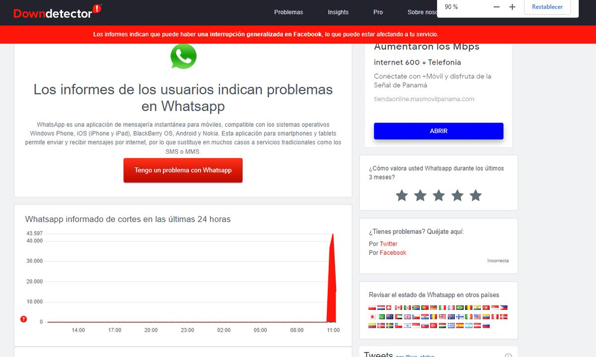 tvnnoticias's tweet photo. Según el portal DownDetector, han notificado diferentes usuarios, las tres redes sociales (WhatsApp, Facebook e Instagram) llevan con problemas generalizados desde hace más de una hora. #NoticiasTVN https://t.co/e1oyH2w9Wk