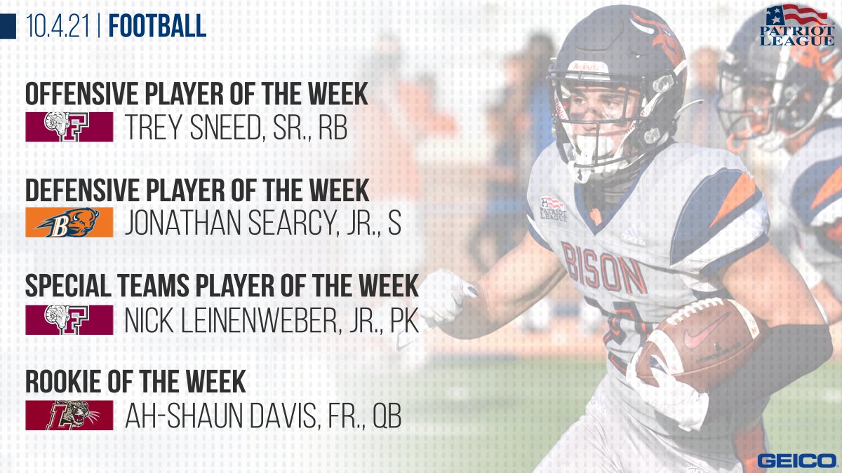 PatriotLeague's tweet photo. 🏈 #𝗣𝗮𝘁𝗿𝗶𝗼𝘁𝗙𝗕 𝗪𝗲𝗲𝗸𝗹𝘆 𝗔𝘄𝗮𝗿𝗱𝘀 𝗣𝗿𝗲𝘀𝗲𝗻𝘁𝗲𝗱 𝗯𝘆 𝗚𝗘𝗜𝗖𝗢 - 𝟭𝟬.𝟰.𝟮𝟭

Rams claim two of the four weekly honors, Bucknell and Lafayette receive one apiece

📰 https://t.co/yo3tsqQpKC https://t.co/S0zxA2PAeo