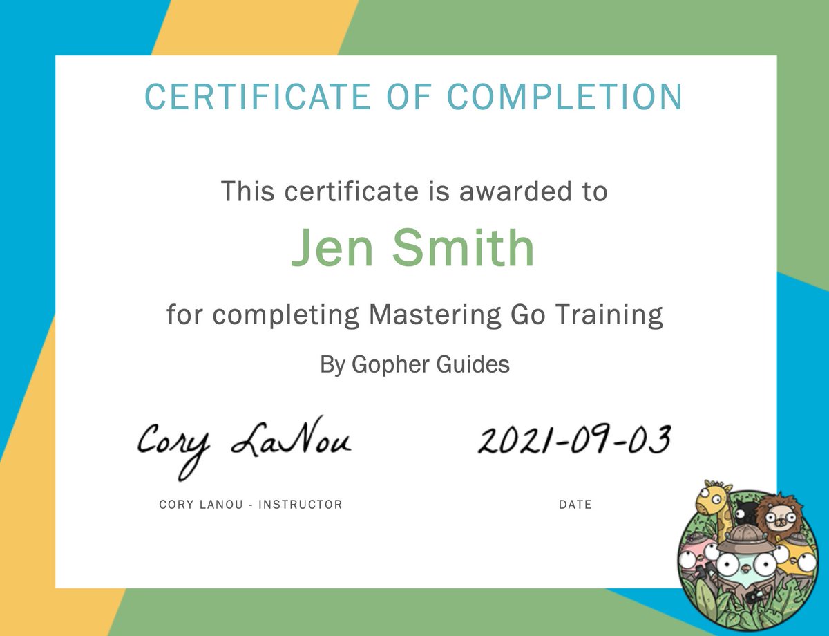 Cory LaNou (@corylanou) on Twitter photo My favorite part of being a #golang instructor at <a href="/GopherGuides/">Gopher Guides</a> is handing out the completion certificates! My favorite part of being a #golang instructor at <a href="/GopherGuides/">Gopher Guides</a> is handing out the completion certificates!