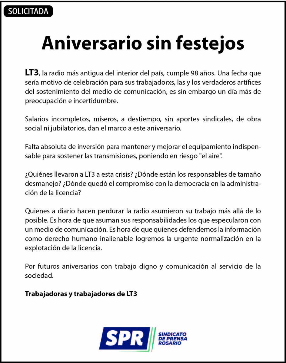CasoDorita's tweet photo. 98 años en el aire... Llegaremos a los 100? 

Como saben por acá, trabajo hace muchos años en LT3. Si bien esta siempre fue una radio con "problemas" para pagarle el sueldo a sus empleados, en estos últimos 4 años la situación se tornó más complicada, diría yo, urgente.
Abro hilo https://t.co/OoAGaHfAuK