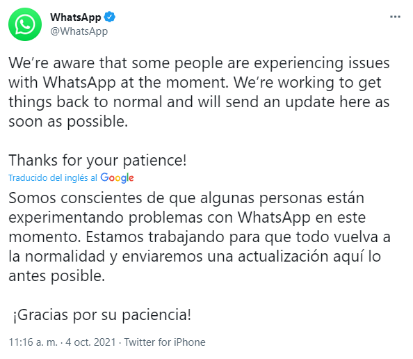 NTN24's tweet photo. #AHORA | @WhatsApp comunicó que está trabajando para resolver la caída mundial de su servicio https://t.co/bAg1KLNjbh https://t.co/ZV43VBLkET