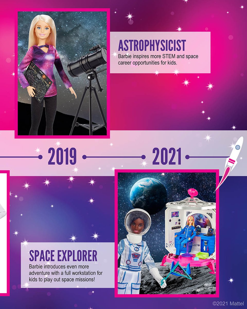 Barbie's tweet photo. For over half a century, #Barbie has been aiming for the stars &amp; inspiring young girls to imagine the possibilities of careers in space. 🚀 Take a look back at some of the highlights, &amp; remind the child in your life that there’s no dream too out-of-this-world. #YouCanBeAnything https://t.co/1hK86j1Nle