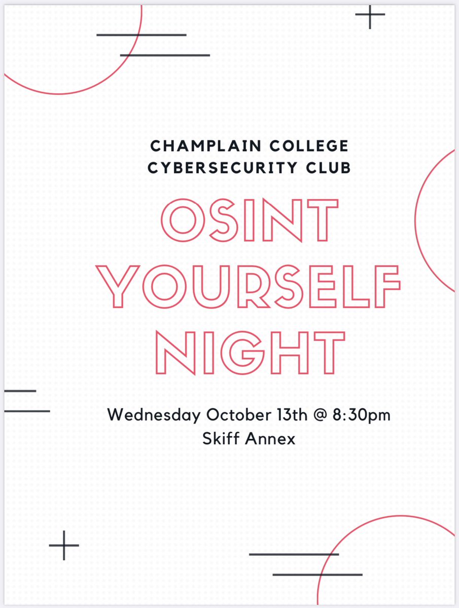 Come join us Wednesday October 13th after fall break for OSINT Yourself Night!
#champ #cybersecurity #osint