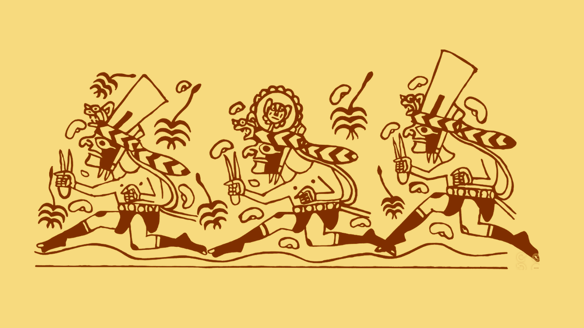 Antiguo_Peru's tweet photo. —  ¡Se cayó Whatsapp! ¡y tengo que enviar un mensaje urgente!
— Tranquilo: tenemos chaskis.

Imagen pintada en una vasija moche (200-800 d.C.) con corredorres q portan bolsas. Una interpretación sugiere q podrían representar a mensajeros similares a los chaskis incas (1400-1532) https://t.co/RocUM3UH9m