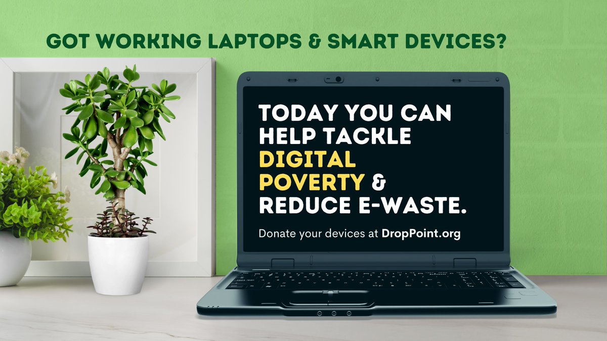 DropPointHQ's tweet image. It's time to get e-cycling! Help our non-profits reduce electronic waste &amp;amp; #digital poverty by donating your working #laptops &amp;amp; #devices. Our organisations offer #recycling, re-use and #disposal services. Working devices will be refurbished and donated to people who need them.