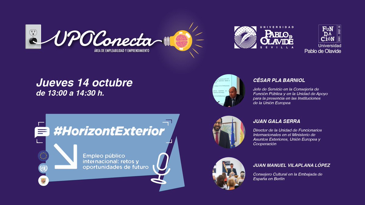 empleaemprende's tweet photo. ¿Eres de @pablodeolavide? Si te interesa el #EmpleoPublico #internacional puedes inscribirte a este UPOConecta #gratuito en https://t.co/Mx0n2fjXyg
#oportunidadesdefuturo https://t.co/b0mIPlGuUB