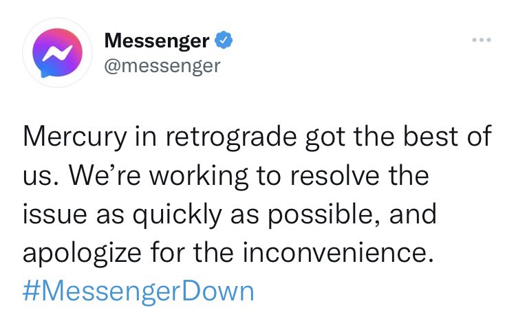 jvrmateo's tweet photo. ‘MERCURY RETROGRADE GOT THE BEST OF US’

Facebook-owned products and apps use Twitter to assure their users that they are working on issues. #FacebookDown #MessengerDown #InstagramDown #WhatsAppDown @PhilippineStar @onenewsph https://t.co/jDZGDiLeAx