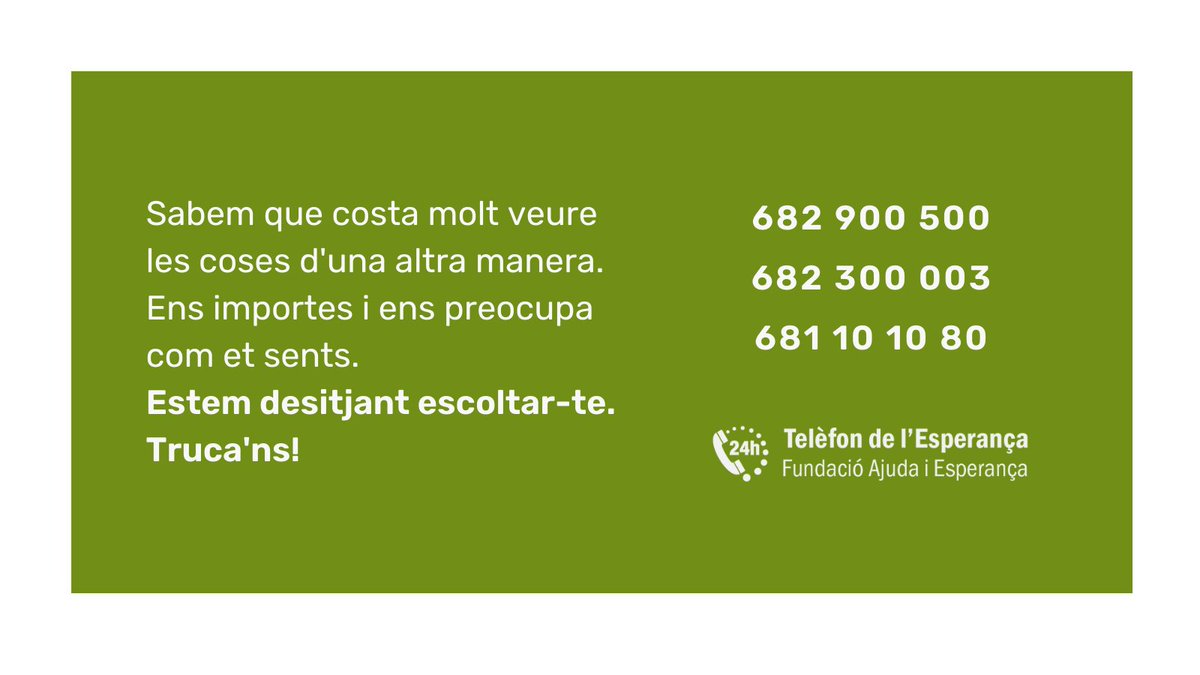 Esperanca_linia's tweet image. Et sents #sol? Necessites #parlar amb algú però et fa por? Truca'ns i t'escoltarem des de l'anonimat. Estem disponibles 24h tots els dies de l'any. #unaveuamiga #semprehitrobarasalgu #SalutMental