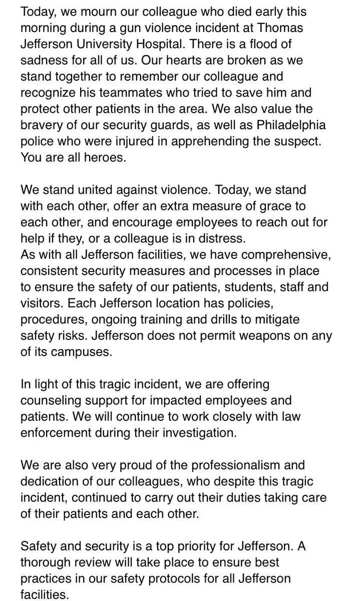 #BREAKING: Jefferson Hospital releases statement in response to employee shooting. “Our hearts are broken as we stand together to remember our colleague and recognize his teammates who tried to save him and protect other patients in the area.” <a href="/6abc/">Action News on 6abc</a>