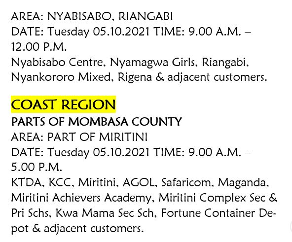 KenyaPower_Care's tweet photo. Good evening. The following areas will be on a scheduled interruption tomorrow (05.10.2021) to carry out network maintenance.^CW https://t.co/XuKKkSZB0O