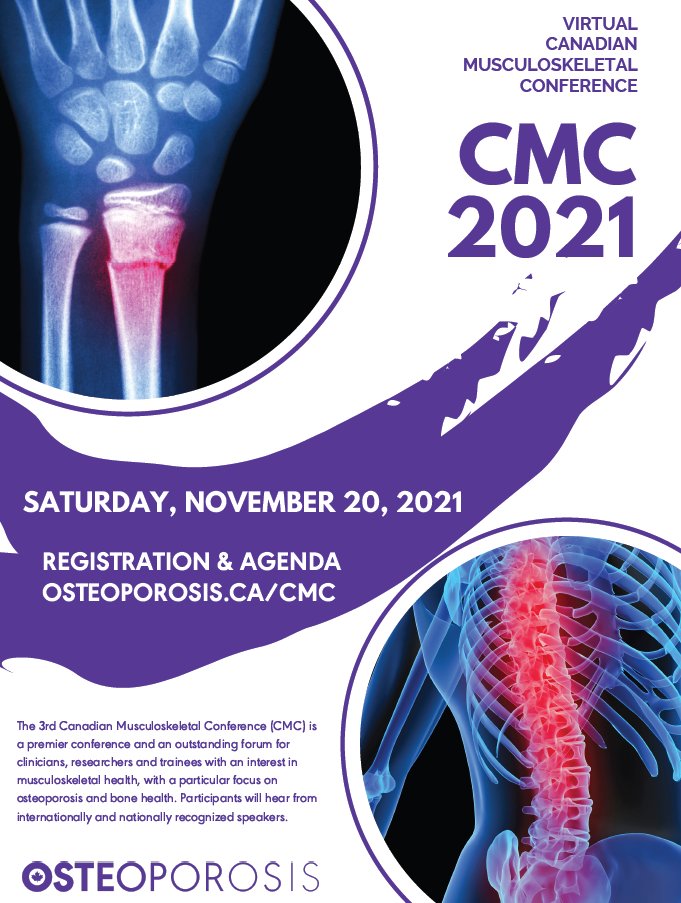The 3rd Canadian Musculoskeletal Conference (CMC) is a premier conference for clinicians, researchers and trainees with an interest in musculoskeletal health, with  focus on #osteoporosis &amp; #bone health.

Register: osteoporosis.ca/event/3rd-cana…
Early bird rate is in effect until Oct 12