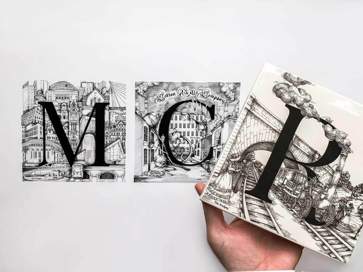 thesculpts's tweet photo. Our ceramics collection celebrates Manchester and highlights bits of its rich history. We developed illustrations for each of the letters, through which we captured the spirit of this city and what makes it what it is today. #manchester #manchesterartists #manchestermakers #mcr https://t.co/yOfPiYFshf
