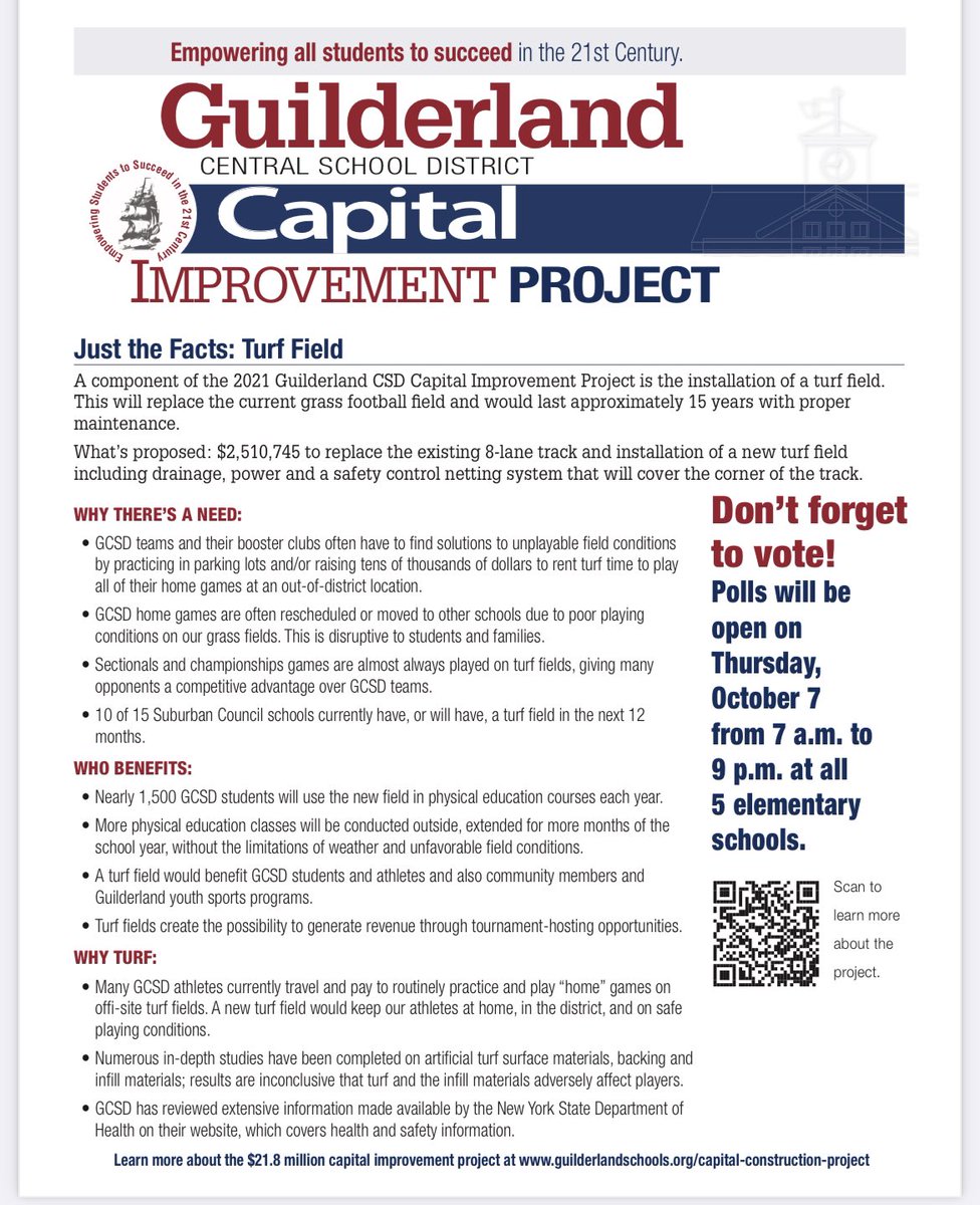 GoDutchAthletix's tweet photo. Don't forget to vote for the 2021 Guilderland GSD Capital Improvement Project on Thursday, October 7th!!  This project includes a new track and synthetic turf field at GHS that will benefit thousands of GCSD students and athletes each year.

@GuilderlandCSD https://t.co/kG6F4KYv1R