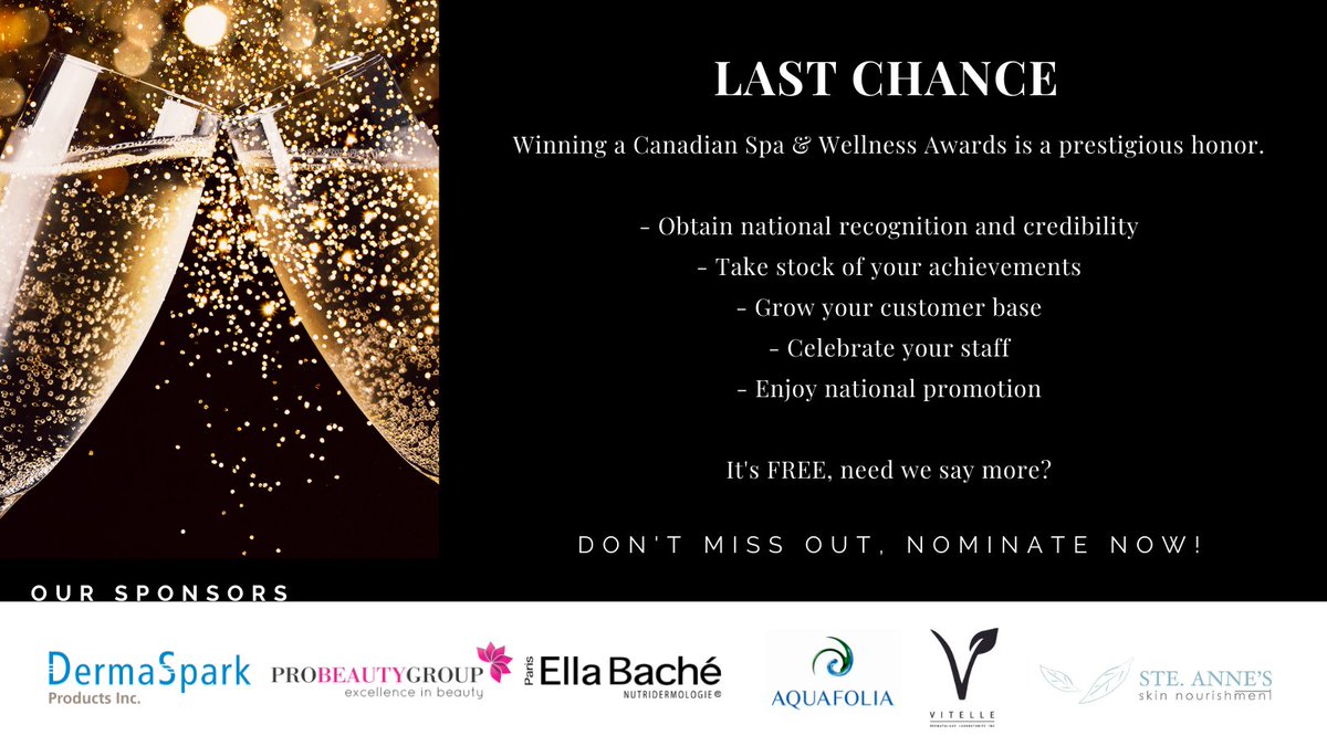 SpaIncMag's tweet photo. LAST DAY TO NOMINATE!
Our 2021 #CdnSpaAwards close at midnight tonight. 

Whether you’re a small business or a worldwide brand, don't miss out! Nominate now: https://t.co/LbPZtkEu7L

#spaawards #canadianspas #spa #spaowner #skincare #spapartner #wellness #spaproducts https://t.co/5JG3E8Vrg0