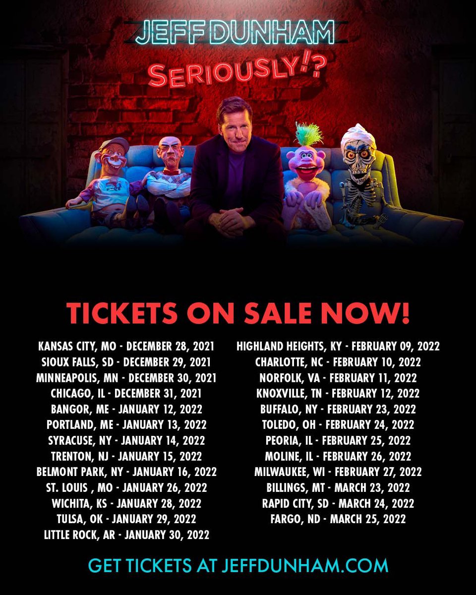 jeffdunham's tweet photo. Today is the day! Tickets to the “Jeff Dunham: Seriously!?'' tour are ON SALE NOW!! Head over to the link to nab your tickets and get the best seats available. Come see us LIVE!! https://t.co/8blOy50ncF https://t.co/0XVn3iV59V