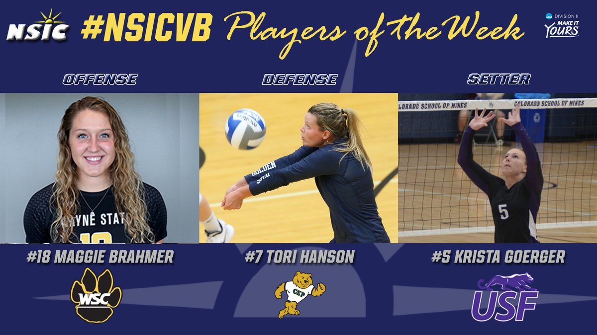 NorthernSunConf's tweet image. #NSICVB Release No. 5
#NSICPOW
O:#18 Maggie Brahmer - Wayne State
D: #7 Tori Hanson - Concordia-St. Paul 
S: #5 Krista Goerger - Sioux Falls

Full Release at: northernsun.org/news/2021/10/4…