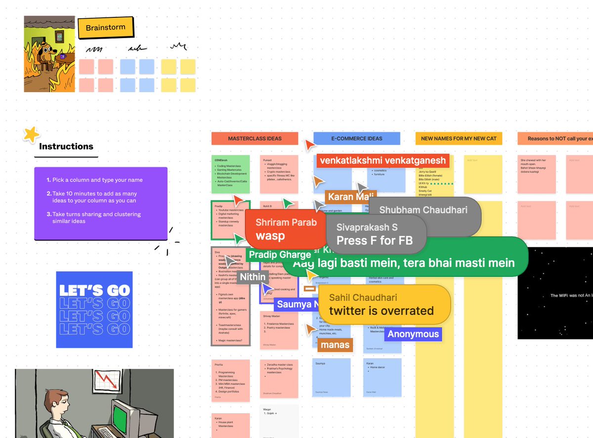 preritayadav's tweet image. @WhatsApp is down? No problem, @figma will do.
Using #Figjam to chat. 
@waqarkh4n @shiruparab @KaranSKhati @chaudharisk @ManashKashyap01 @Venkat_1401 @saumyanasa @Sivaprakash_97 @thejanuaryguy @raonitin851 @pradipgharge