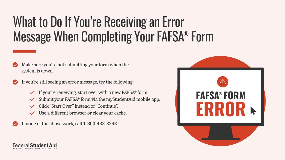 FAFSA's tweet image. Seeing an error message when trying to complete the 2022–23 FAFSA® form? 

We’re here to help. go.usa.gov/xMPmq