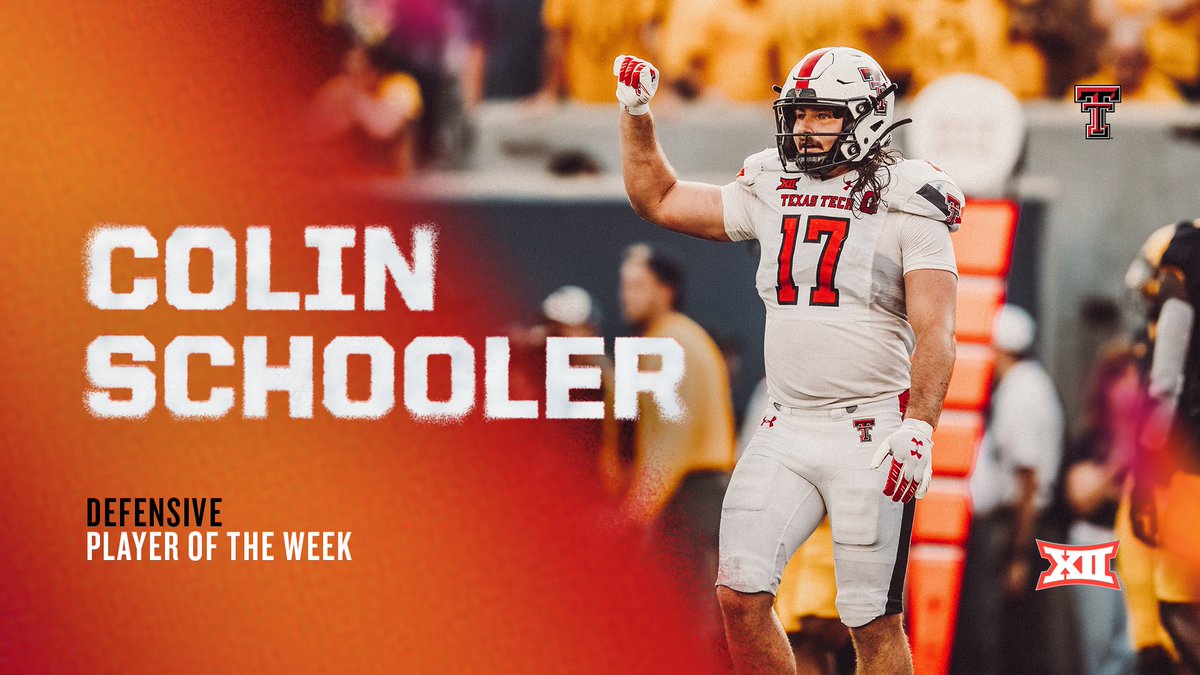 Big12Conference's tweet photo. 𝘾𝙤𝙡𝙞𝙣 𝙎𝙘𝙝𝙤𝙤𝙡𝙚𝙧, 𝙏𝙚𝙭𝙖𝙨 𝙏𝙚𝙘𝙝
#Big12FB Defensive Player of the Week

🏈 Recorded 15 tackles and forced a key first-half fumble to help push Texas Tech to a strong defensive performance in its victory at West Virginia.

Details ➡️ https://t.co/wAgWksXnOA https://t.co/jMs1LYeK7c