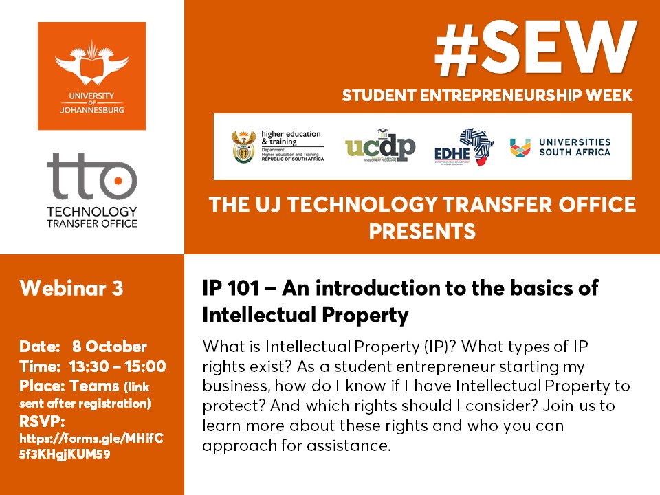 go2uj's tweet photo. Are you an aspiring or early stage entrepreneur? Join the UJ Technology Transfer Office as we cover the basics of Intellectual Property and its role in your venture
https://t.co/Mvj6lUP9Lm
#UJTTO #UJLibrary #SEW https://t.co/tZgzTNXMa4