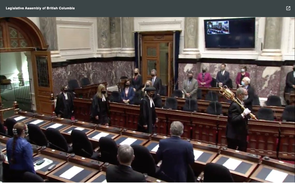 theBreakerNews's tweet photo. Opening day of the fall session. All 87 MLAs are welcome to be in @BCLegislature chamber. But many haven't arrived for Speaker @rajchouhan entry. @JJHorgan seat empty. #WhereIsJohn #bcpoli https://t.co/4EaR3ylvPs