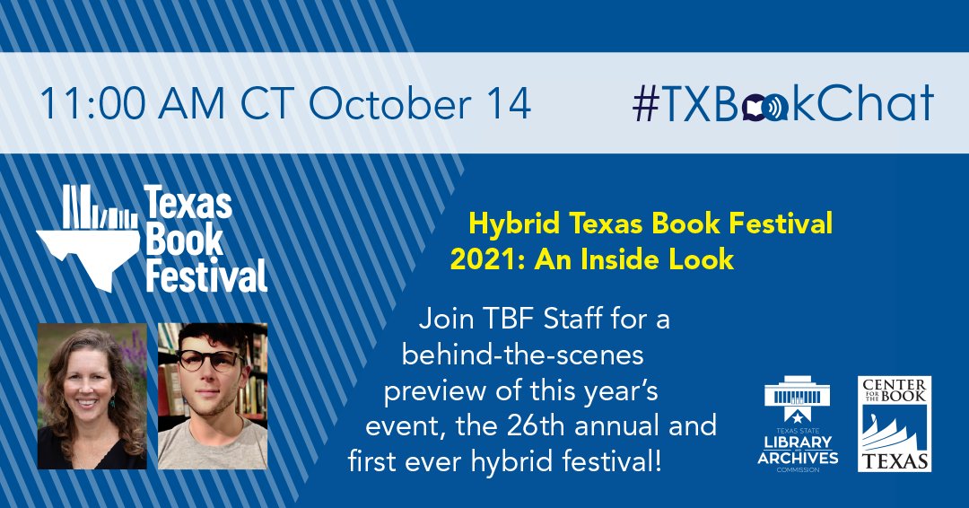 texasbookfest's tweet photo. Join us for a behind-the-scenes preview of this year's hybrid Texas Book Festival hosted by our friends at @TSLAC and Texas Center for the Book.
The #TXBookChat series seeks to bring together diverse voices and perspectives. Learn more: https://t.co/J9FkcTDaav https://t.co/0kk9BdVIaR
