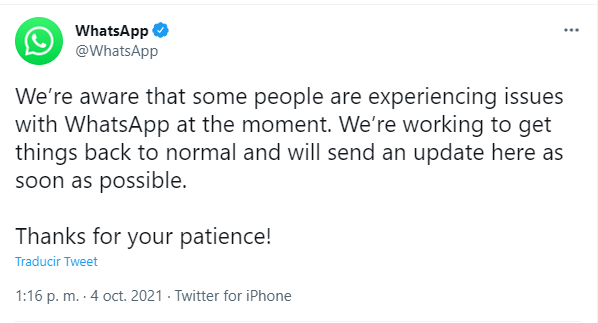 todonoticias's tweet photo. Comunicado de WhatsApp en su cuenta de Twitter: "Algunas personas están experimentando problemas con WhatsApp en este momento. Estamos trabajando para que las cosas vuelvan a la normalidad lo antes posible. Gracias por su paciencia"

https://t.co/dzqfCBsWrW https://t.co/aQOMzAPGQP