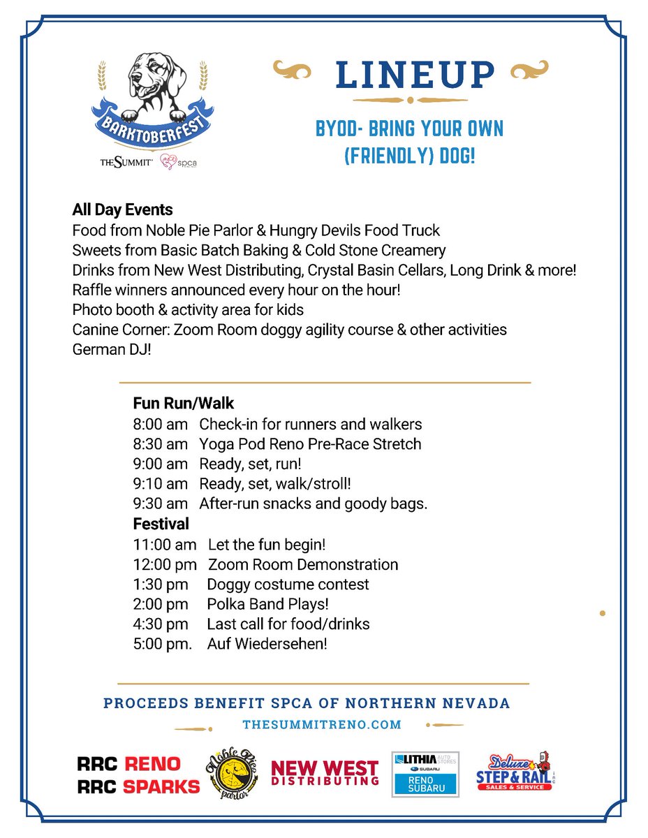 We are excited to announce the lineup for Barktoberfest Reno! There will be a fun run, tons of food and drinks, dog and kid-friendly activities, a doggy costume contest, and more! Go to spcanevada.org/barktoberfest/ to learn more!