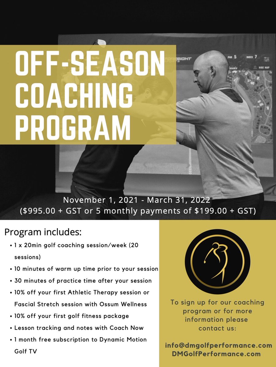 It is that time of year again! We are very excited to have Shannon Raina and Scott Smith coaching with us this winter. We still have some spots available. Sign up soon and get your game ready for next season! Contact us to sign up dmgolfperformance.com/coaching-progr…