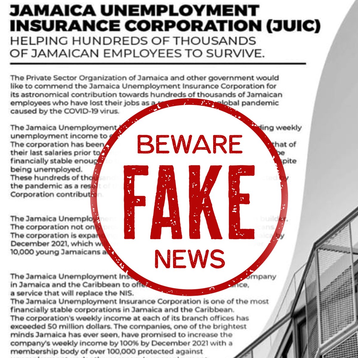 The PSOJ is aware that a graphic is circulating, purporting our support and endorsement of an entity under the name 'Jamaica Unemployment Insurance Corporation (JUIC)'. We explicitly state that this is false and The PSOJ is in no way affiliated with or aware of this entity.