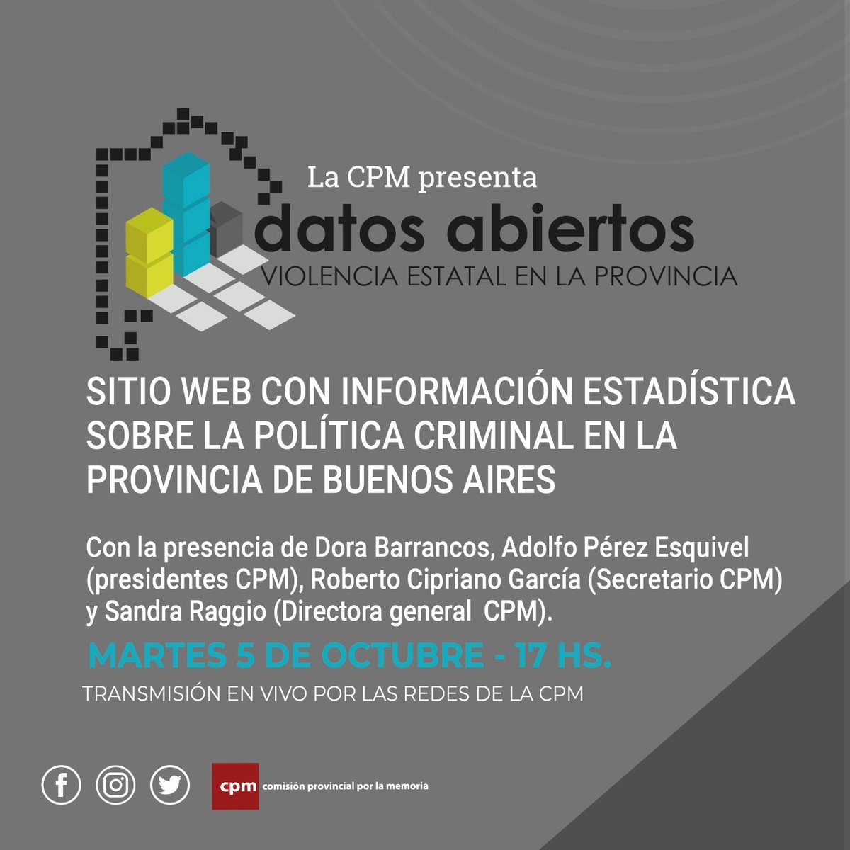 📢Datos abiertos · La web de la CPM de estadística sobre la política criminal en Buenos Aires

Una herramienta para la consulta pública, se trata de estadísticas consolidadas con datos producidos por la CPM y/o sistematizados a partir de registros oficiales.

💻Vivo en redes CPM