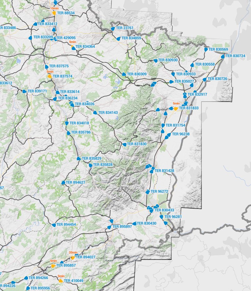 Hey la #teamGraou (et les autres !) ! Sur carto.graou.info (cartographie ferroviaire française en libre accès basée sur l'#opendata @sncf et <a href="/SNCF/">❌</a>Reseau) je viens d'ajouter... les trains en temps réel !
(pensez à rafraîchir et cocher les bonnes cases dans les paramètres).