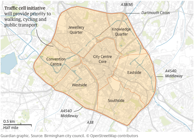 carltonreid's tweet photo. My @guardian article now has a graphic showing how Birmingham will soon become one big low-traffic neighbourhood. And goal is to massively reduce motoring far into the suburbs, too. https://t.co/TWw7CGKYXV https://t.co/d1ezi8NKKB
