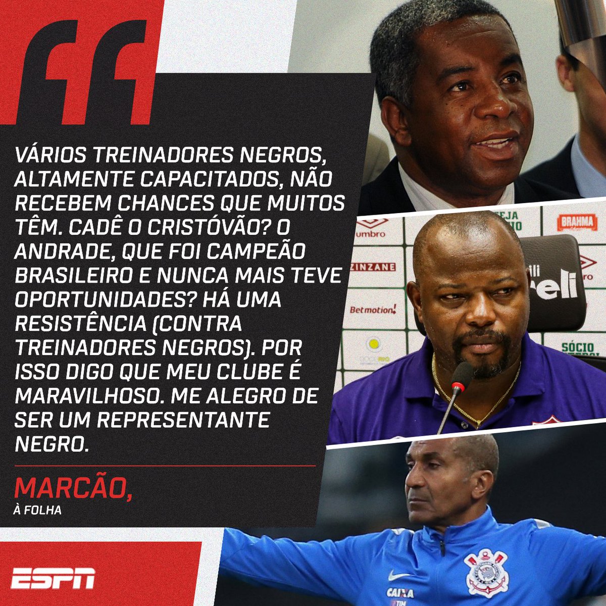 ESPNBrasil's tweet photo. Faltam treinadores negros no Brasil? Marcão desabafou! 

Foto: Lucas Merçon/Fluminense https://t.co/eX7BmQDm5q