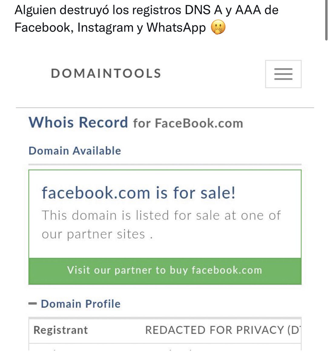 AnonymousVene10's tweet photo. Los registros del DNS Y AAA de las plataformas Facebook, WhatsApp e Instagram. Fueron borrados! 
No es una simple caída esto va más allá https://t.co/i2XLDUOGN3