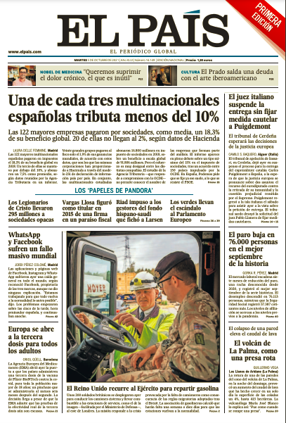 el_pais's tweet photo. Una de cada tres multinacionales españolas tributa menos del 10%; #PandoraPapers: Los Legionarios de Cristo llevaron 295 millones a sociedades opacas, en la #Portada de EL PAÍS este martes 5 de octubre

🗞 https://t.co/BS824utcEh https://t.co/vTCoaCA4x6