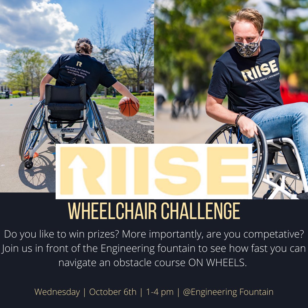 We are back!! ❗️EVENT❗️

Come challenge yourself through a wheelchair obstacle course! Top times will get prizes!

•Wednesday, October 6th
•1-4 p.m. 
•Engineering Fountain