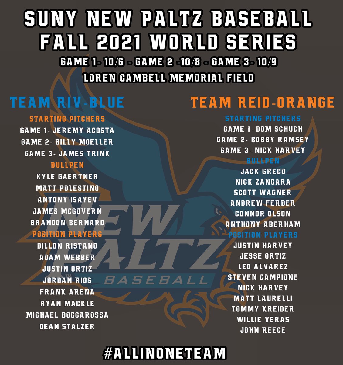 NP_BaseballD3's tweet photo. Fall 2021 World Series rosters are set! Who will take home the 🏆?! #TeamRiv or #TeamReid #AllinONEteam https://t.co/NH0rhbv4EL