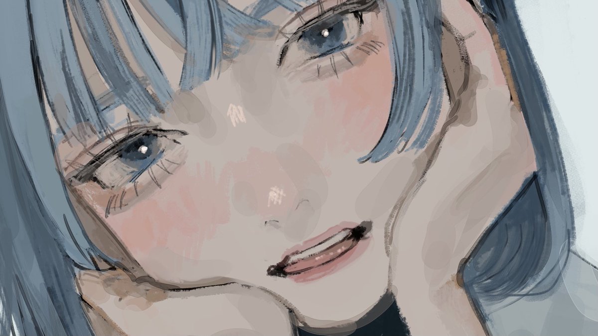 1girl solo looking at viewer blue hair hands on own face portrait parted lips  illustration images
