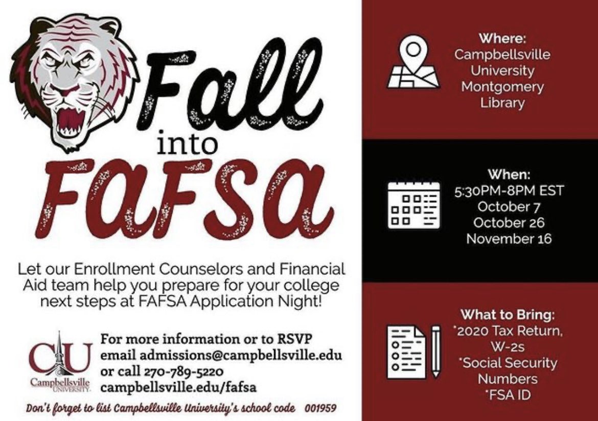 Admissions_CU's tweet image. Fall into FAFSA at Campbellsville University! Register here ➡️ campbellsville.edu/admission-and-… Call us 270-789-5220 or email us admissions@campbellsville.edu if you have any questions!
