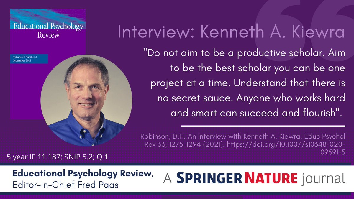 A #MustRead Interview w/ Kenneth Kiewra, Prof of Educational Psychology @u_nebraska by @DanielHRobinso1 @utaresearch for #EPR. 
'Kiewra discusses his research program & major influencers on his pioneering work in #NoteTaking & #TeachingandLearningScience👉rdcu.be/cyOkf