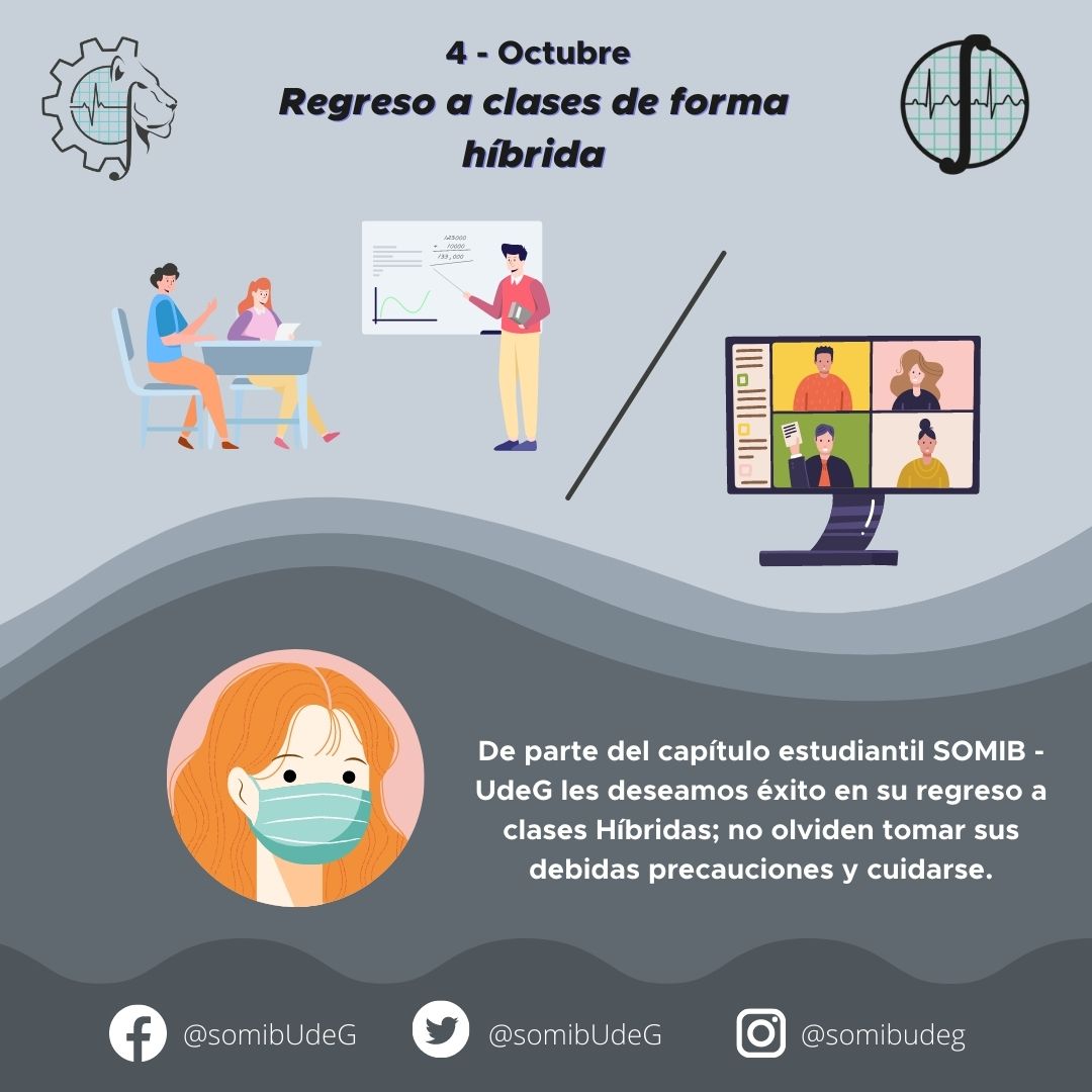 somibUdeG's tweet photo. Hoy, 4 de octubre se regresa a clases de manera híbrida dentro de la Universidad de Guadalajara; por lo que les deseamos éxito y no olviden que entre todos nos cuidamos. 🙌🏻😷
.
.
.
#SOMIB #YoSoyIngBiomedico #capituloestudiantil #ingenieriabiomedica #UniversidadDeGuadalajara #UDG https://t.co/akvxSHkVCh