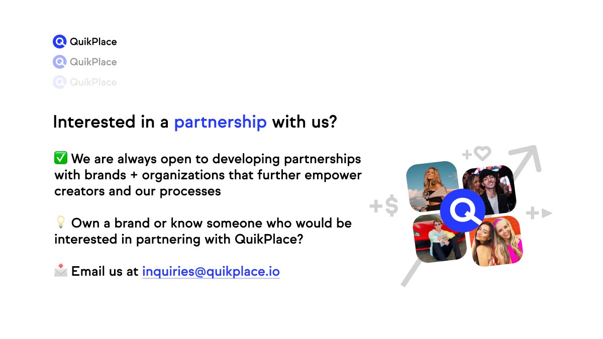 QuikPlace (@quikplace) on Twitter photo 👥 Interested in a partnership with QuikPlace?
🚨 If you know a company that would be a perfect partner, tag them in the comments or share this tweet with them
📥 DM us or email inquires@quikplace.io 👥 Interested in a partnership with QuikPlace?
🚨 If you know a company that would be a perfect partner, tag them in the comments or share this tweet with them
📥 DM us or email inquires@quikplace.io