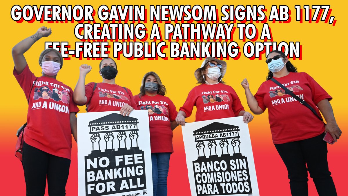 CAFastFoodUnion's tweet image. BREAKING: After fast-food workers, elected officials, union members, and community allies rallied and organized the past year, @CA_Governor has officially signed #AB1177, creating a pathway to a fee-free public banking program for ALL Californians!